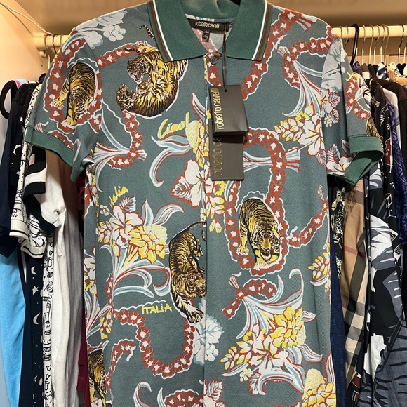 Roberto Cavalli Green Tiger and Floral Polo Shirt - S
